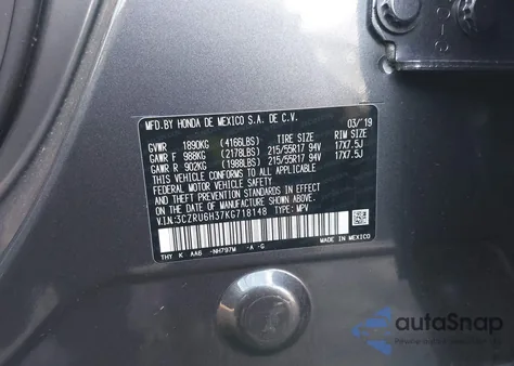 2019 Honda Hr-V Lx z USA, uszkodzony, nr VIN 3CZRU6H37KG718148